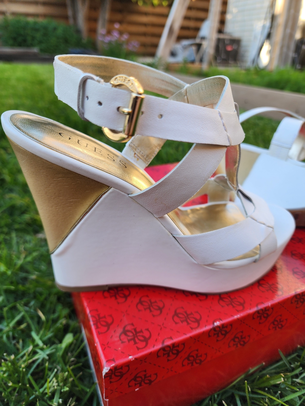 GUESS White and Gold Wedge Sandals - Women's Strappy Heels